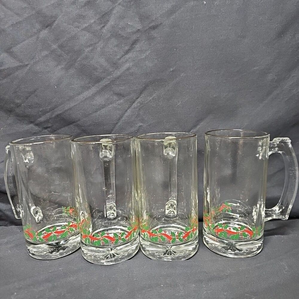 Libbey Glass Irish Beer Mugs Christmas Holly & Ribbon 2 Pieces